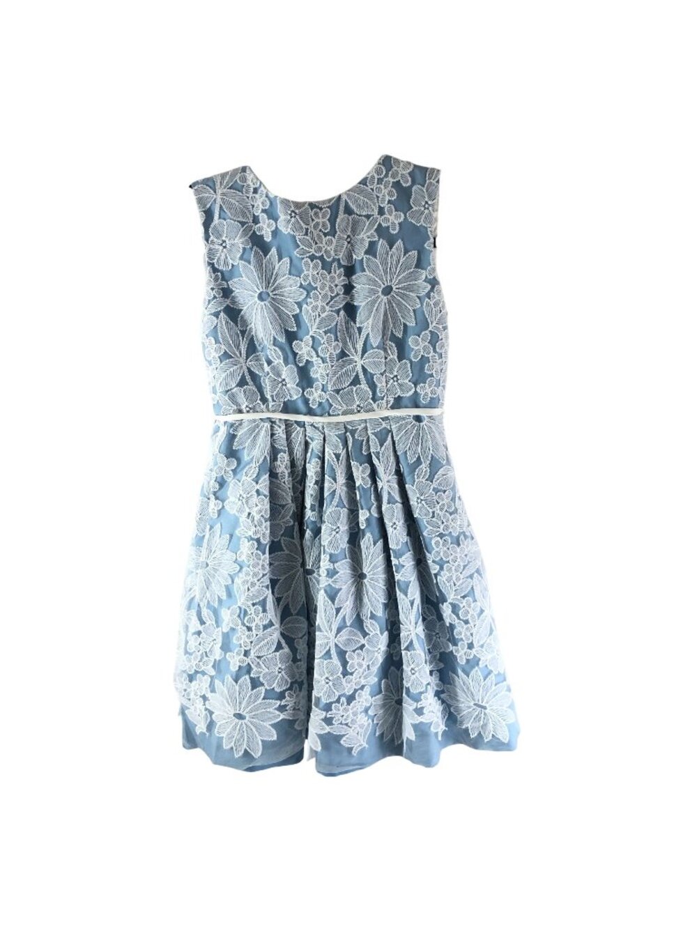Helena Girls Dress A Line Sleeveless Lace Overlay Floral Blue White 8